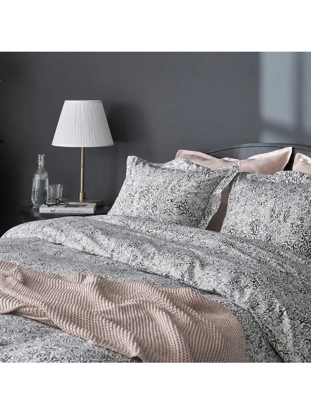 IKEA Black and White Floral Duvet Cover with Blush Accents